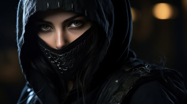 a woman wearing a black hoodie and a black mask photo
