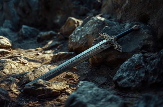 a sword lying on rocks photo