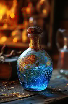 a blue and gold bottle photo