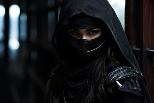 a woman wearing a black hood and face mask photo