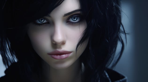 a woman with blue eyes and black hair photo