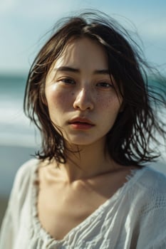 a woman with freckles and freckles standing on a beach photo