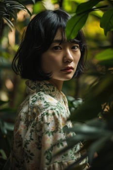 a woman in a floral shirt photo