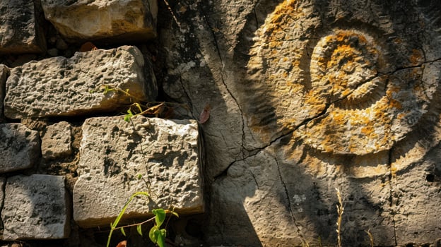 a stone wall with a plant growing on it photo