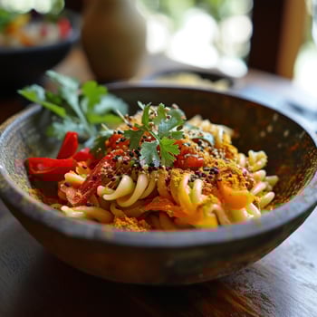 a bowl of pasta with spices and herbs photo