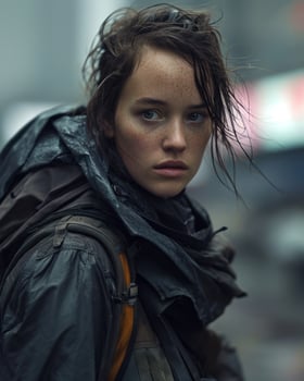 a woman with wet hair and a black jacket photo