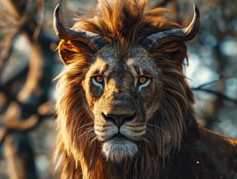 a lion with horns looking at the camera photo