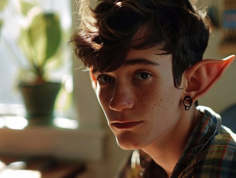 a person with earring and earring looking at the camera photo