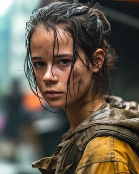 a woman with wet hair and a backpack photo