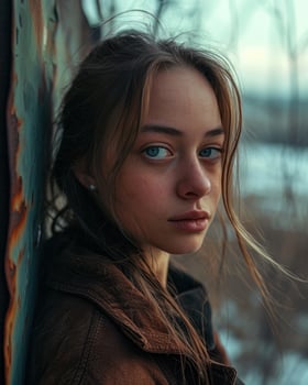 a woman leaning against a rusty wall photo