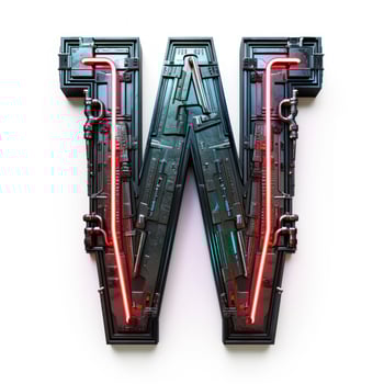 a letter w made of metal and red lights photo