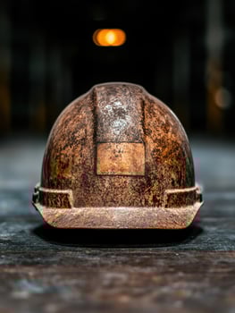 Worn and weathered hard hat on wooden surface photo