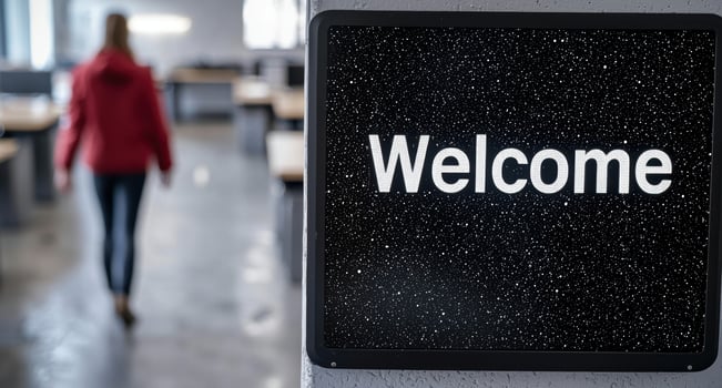 Welcome sign in office hallway photo