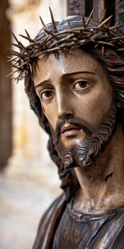 Closeup of a wooden statue of jesus christ with crown of thorns photo