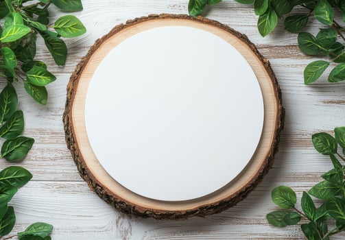 Rustic wooden mirror with green leaves photo
