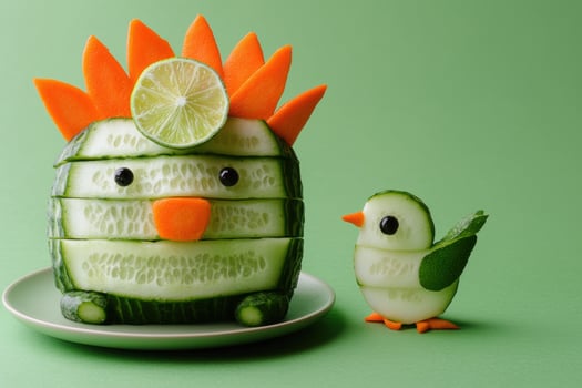Cute vegetable animal figures on green background photo