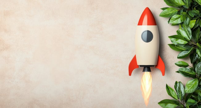 Rocket launch startup business concept with green leaves photo