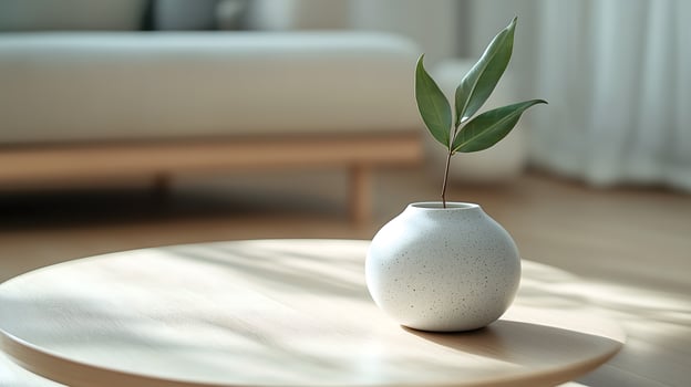 A close-up shot of a modern white coffee table, holding a small ceramic vase with a single leaf, resting on a light wood floor in a minimalist living room photo