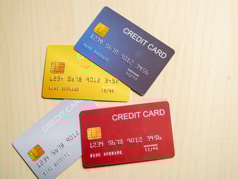 Credit card collection display home office financial management indoor close-up consumer awareness photo