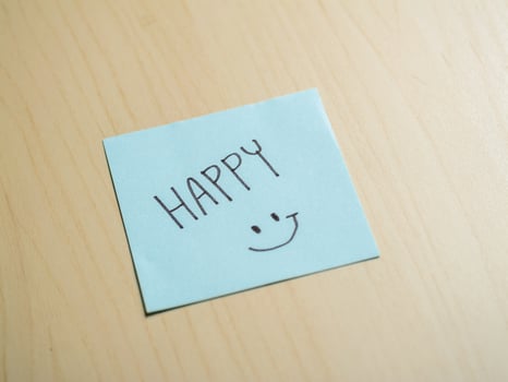 Office desk close-up minimalist sticky notes to promote happiness and positive feelings photo