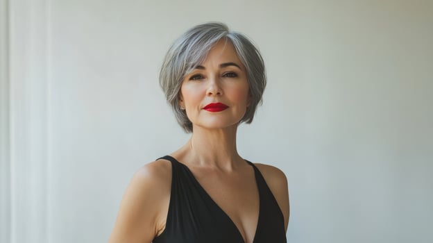 A stylish middle-aged woman with gray hair and red lipstick stands in a minimalist setting photo