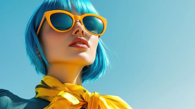 A woman with bright blue hair and a vibrant yellow scarf, wearing chic sunglasses photo
