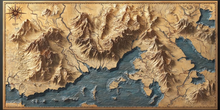 Antique Fantasy Relief Map Mountains Rivers Coastline Magical Landscape 3D Terrain photo