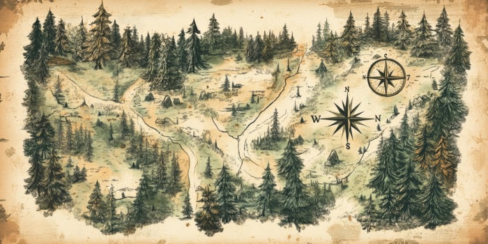 Vintage Forest Hiking Trail Map Hand Drawn Sepia Compass Rose Illustration photo