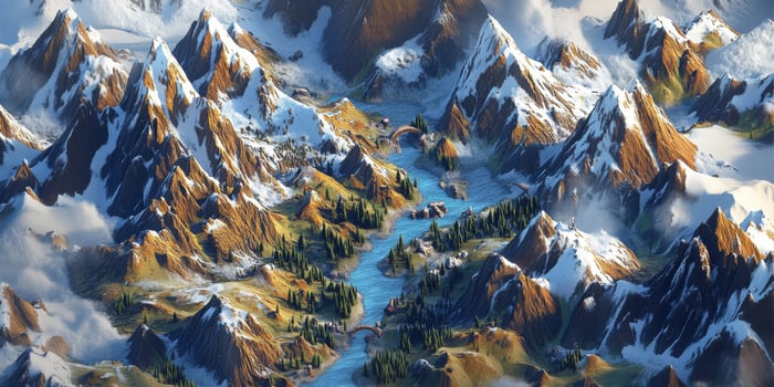 Isometric 3D Mountain Range Map Snow Peaks River Valley Bridges Fantasy Landscape photo