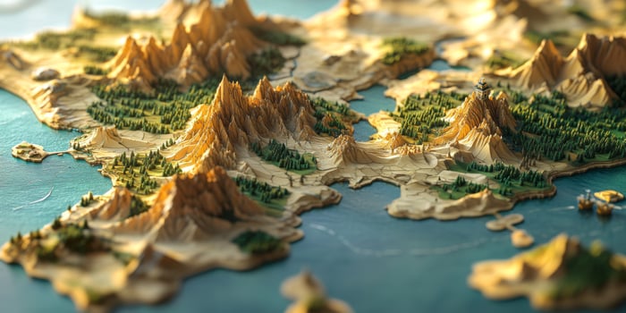 3D Stylized Terrain Map Mountains Coastline Fantasy Landscape photo