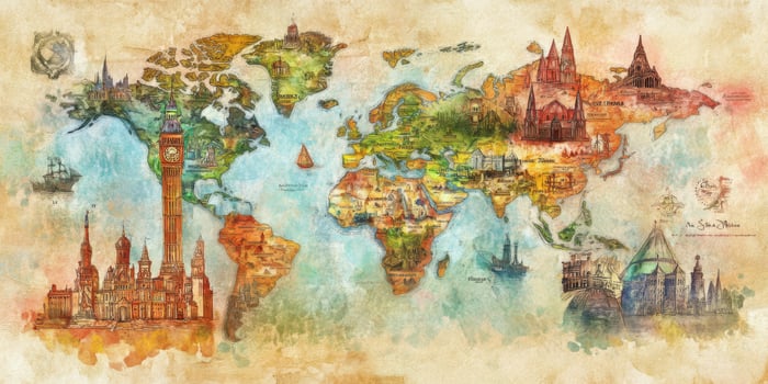 Whimsical Watercolor World Map Landmark Travel Illustration photo