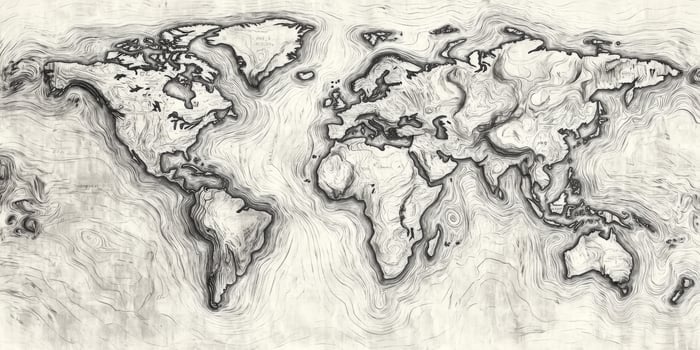 Artistic Hand Drawn World Map Topographic Lines Global Geography Travel Illustration Vintage Style photo