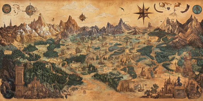 Fantasy Map Mythical Landscape Ancient Cities Parchment Texture Adventure Illustration photo