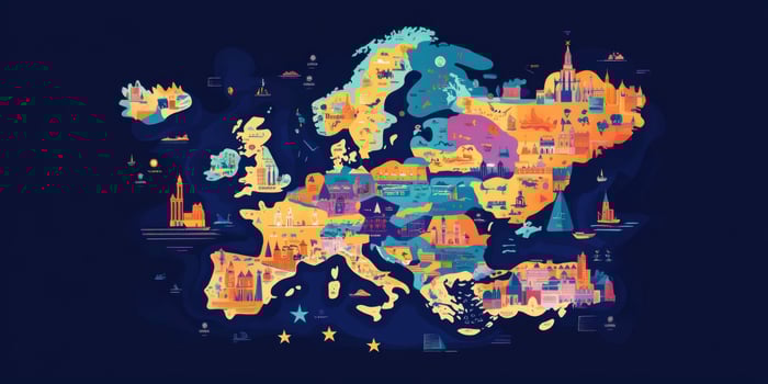 Colorful Illustrated Map of Europe Travel Landmarks Tourism Destinations photo