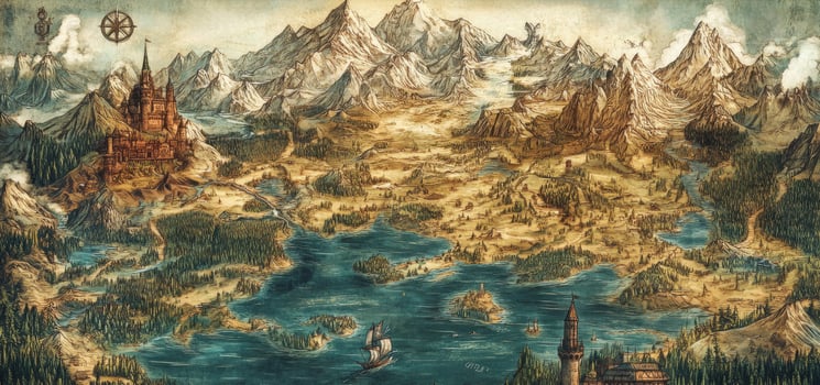 Fantasy Medieval Map Kingdom Castle Mountains Forest Ocean Illustration photo