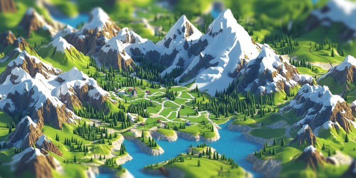Idyllic 3D Mountain Landscape Snow Peaks Green Valley Village photo