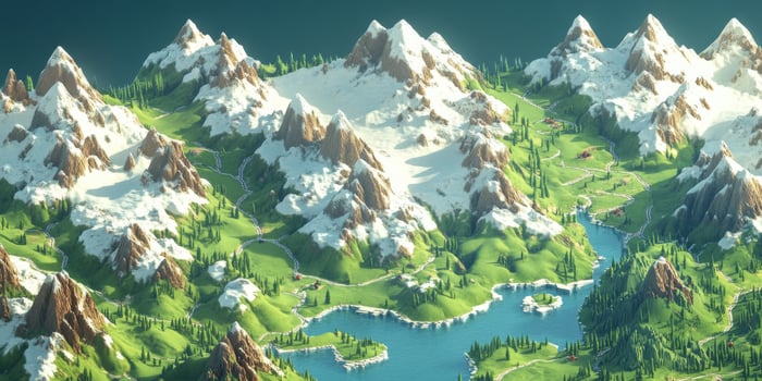 Isometric 3D Map Snow capped Mountains Green Valleys Lush Landscape photo