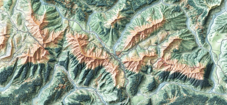 Detailed Topographic Map Hiking Trails Mountains Rivers Landscape photo