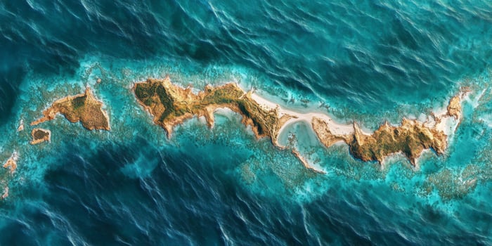 Aerial View of Tropical Island Ocean Coastline Beach Turquoise Water Coral Reef Landscape photo