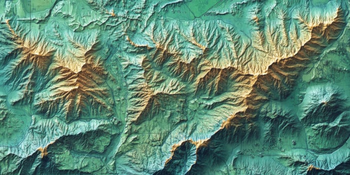 Stunning Aerial Mountain Range Topography Map Teal Gold Elevation photo
