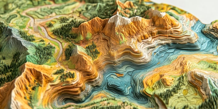 Detailed 3D Topographic Map Hiking Trails Mountains River Landscape Art photo