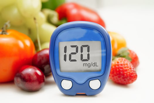 Digital glucose meter food for check sample blood sugar level to treatment diabetes with vegetable and fruit healthy. photo