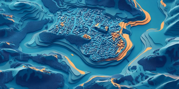 Isometric Cityscape 3D Topographic Map with Buildings and Terrain photo