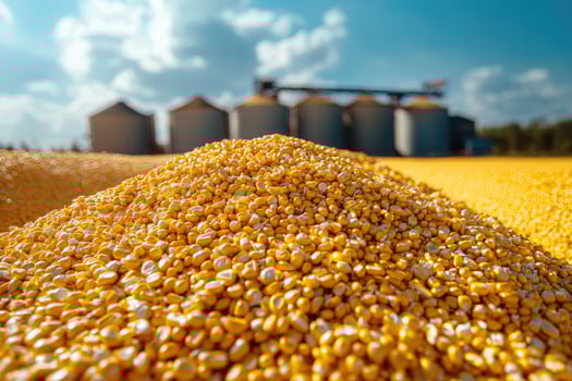 Corn kernels moving on conveyor belt into storage silos photo