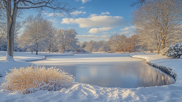 Winter landscape reflecting on frozen lake under blue sky photo