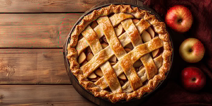 Freshly baked pie, with visible apple slices underneath a golden, crisscrossed top, food photography photo