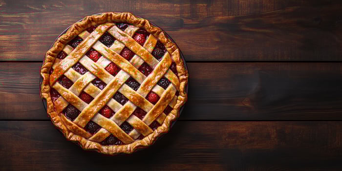Pie featuring a woven top, filled with a mixture of fruit and baked to completion, culinary photography photo