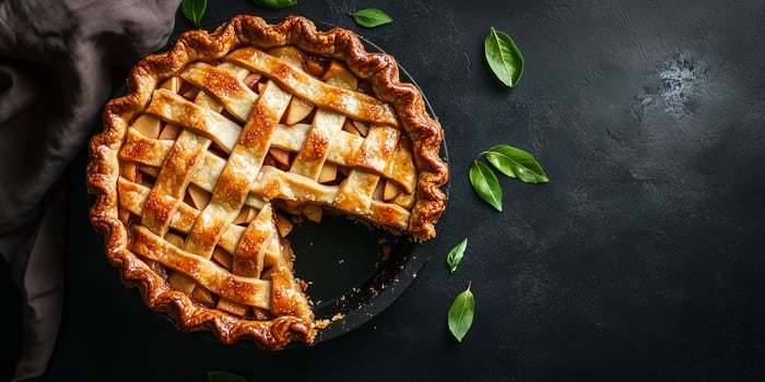 Pie cut open, revealing soft apple filling within a sturdy, baked crust, food photography photo