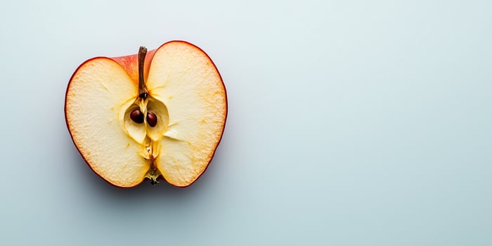 Single dried apple slice centered on a plain background, culinary photography photo