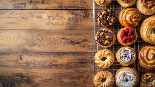 Various pastries lined up on a wire cooling rack over a wooden countertop, culinary photography photo